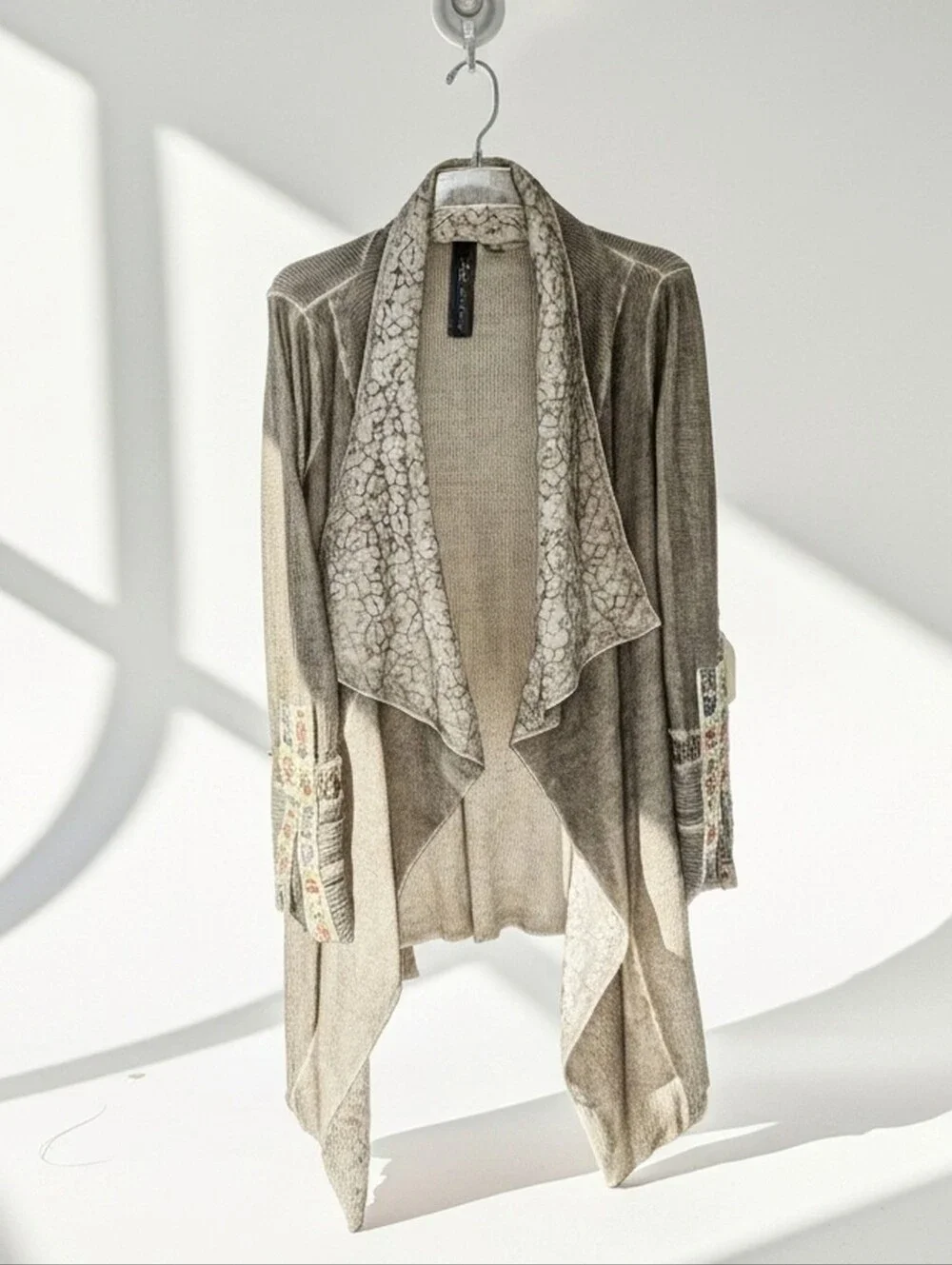 Aratta Taupe Draped Open-Front Cardigan with Jacquard Embroidered Trim OS
